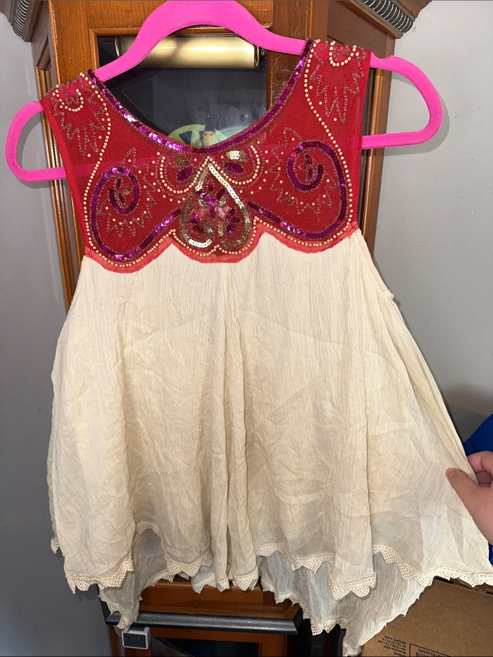 Free People Red and Cream Embellished Boho Tank